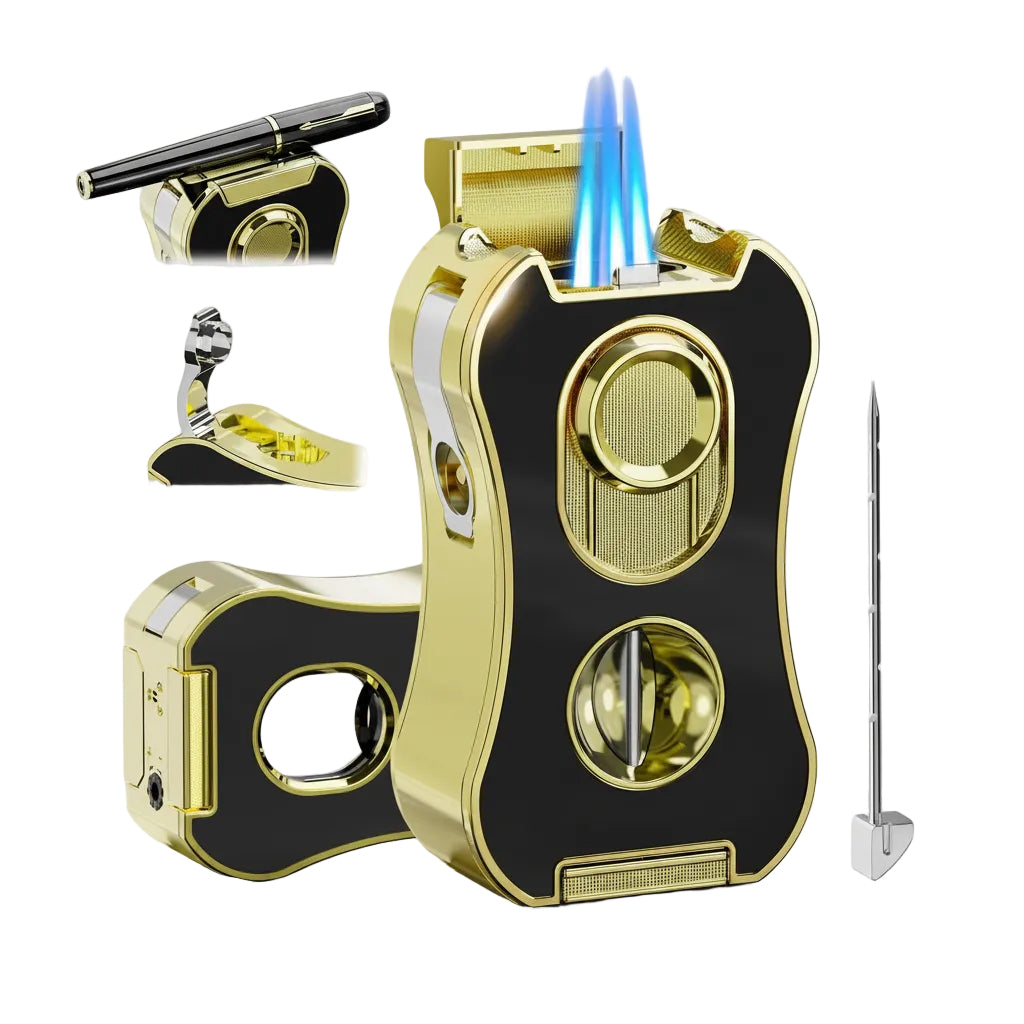 Gold and black dual-flame cigar torch lighter shown on a white background, with inset views of the pen lighter tip, lighter side detail, and a metal pin accessory.
