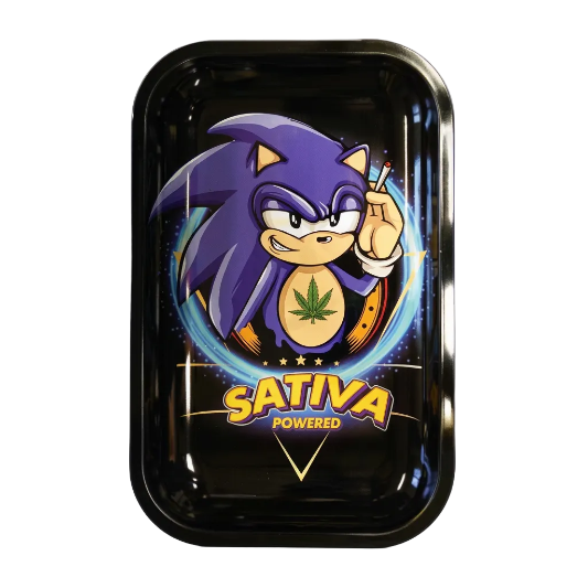 Featuring Sativa Powered Medium Rolling Tray displaying sonic with this new power up sativa to go ultra fast on white background