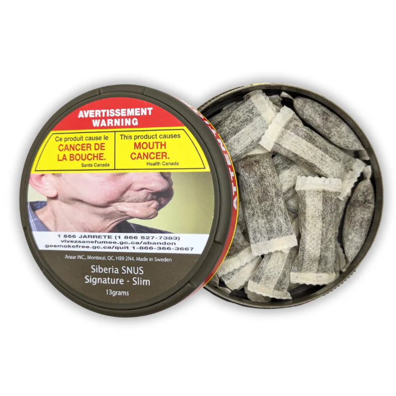 Siberia SNUS signature slim packaging with warning label on a white background