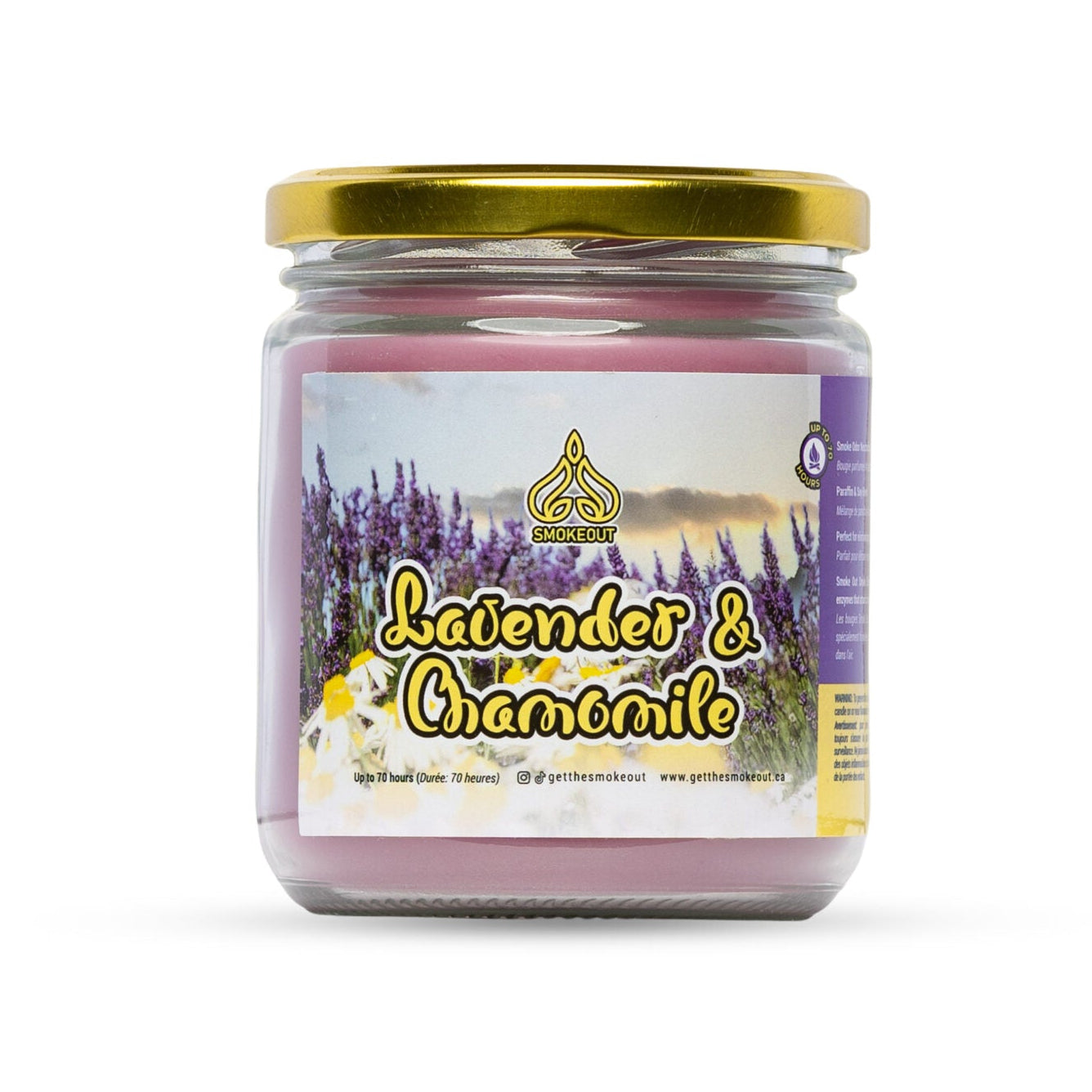 SmokeOut Lavender & Chamomile 13oz odour-neutralizing candle in glass jar with gold lid and lavender label. - The Wee Smoke Shop
