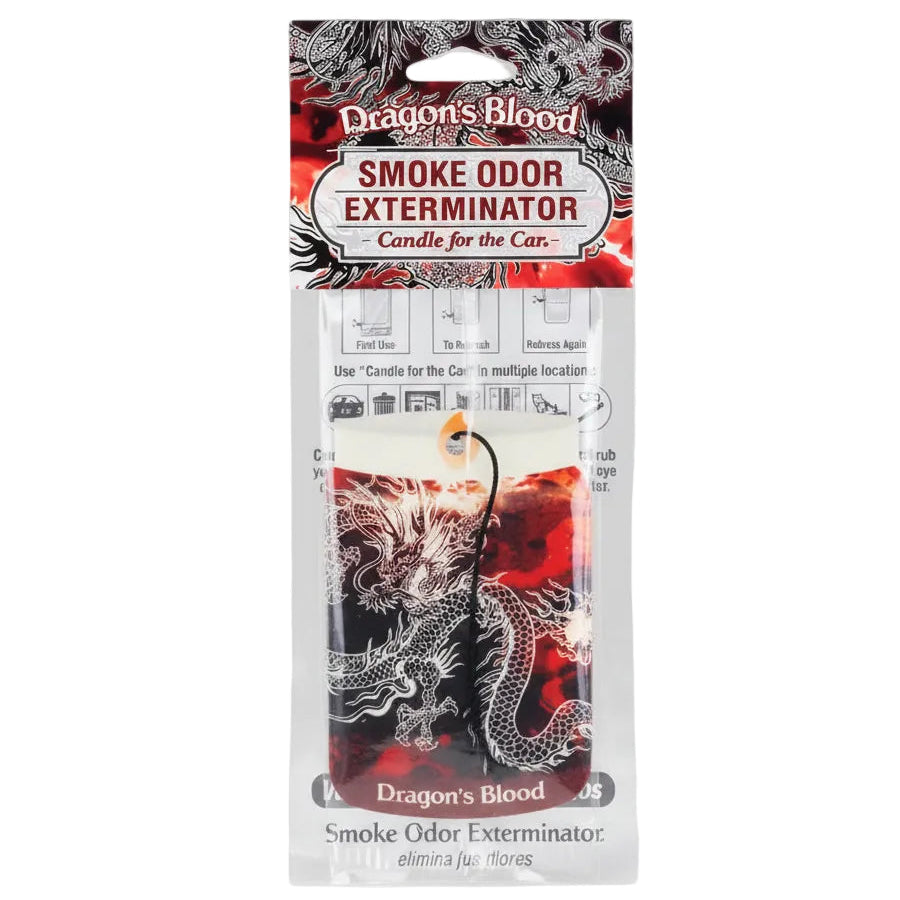 Dragon's Blood Smoke Odor Exterminator Candle for Cars, packaged in a clear plastic blister pack with a black hanging cord, featuring a red and black dragon design.