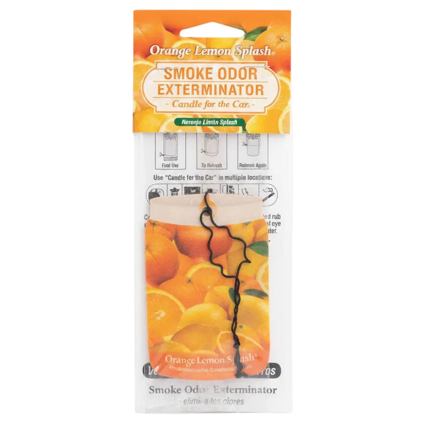 Orange Lemon Splash Smoke Odor Exterminator car candle in its retail packaging, featuring a black hair-shaped wick and citrus-themed graphics.