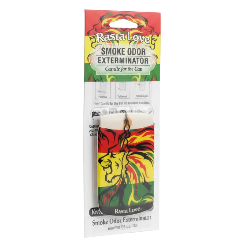 Rasta Love Smoke Odor Exterminator candle for car air freshener, in its original retail blister packaging with a red, yellow, and green Rasta-themed header card and a lion graphic.