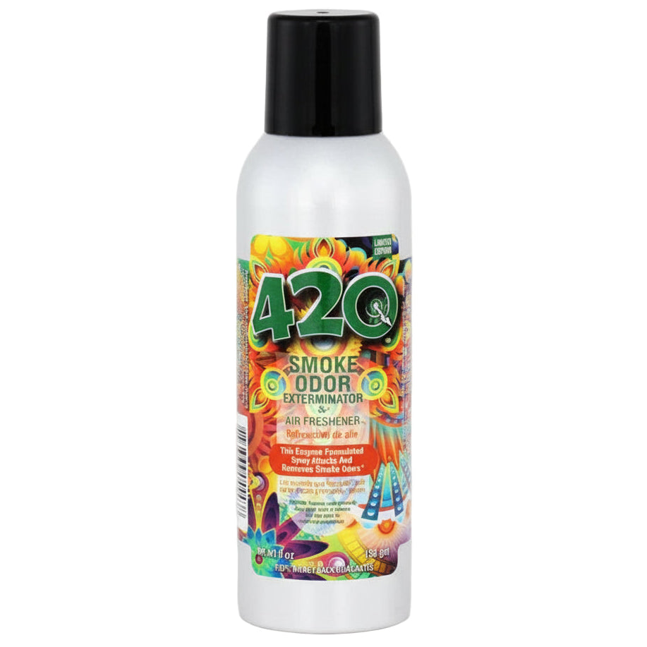 420 Smoke Odor Eliminator spray bottle on a white background