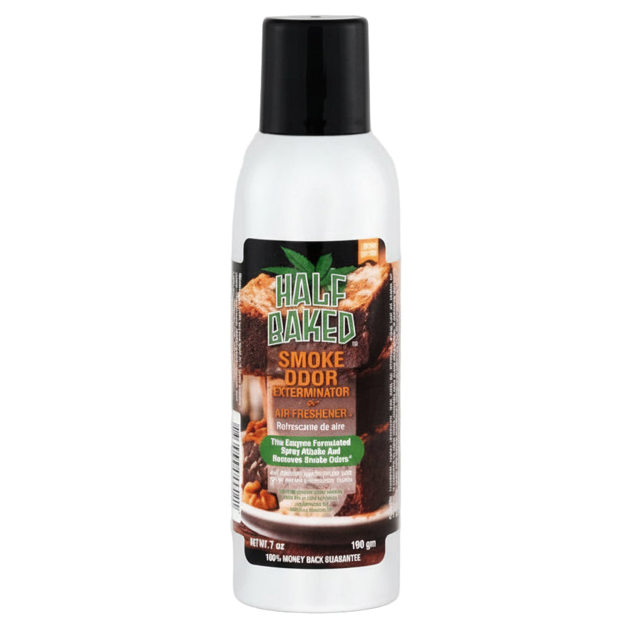 Scented spray can with 'Half Baked' branding on a white background