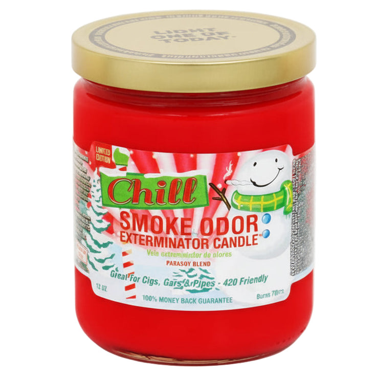 Red candle with a gold lid labeled 'Chill Smoke Odor Exterminator Candle' on a white background - The Wee Smoke Shop