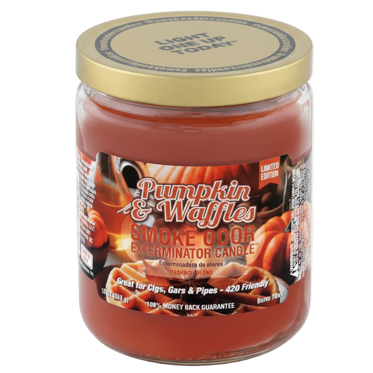 Jar of 'Pumpkin & Waffles' smoke odor eliminator candle on a white background - The Wee Smoke Shop