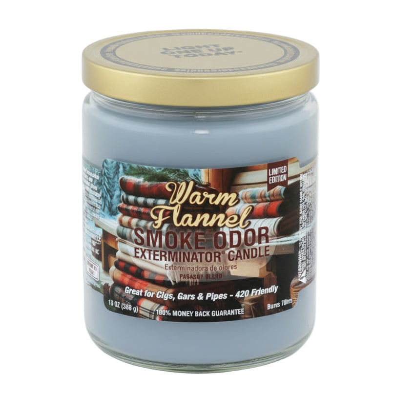 Jar of 'Warm Flannel Smoke Odor Exterminator Candle' on a white background - The Wee Smoke Shop
