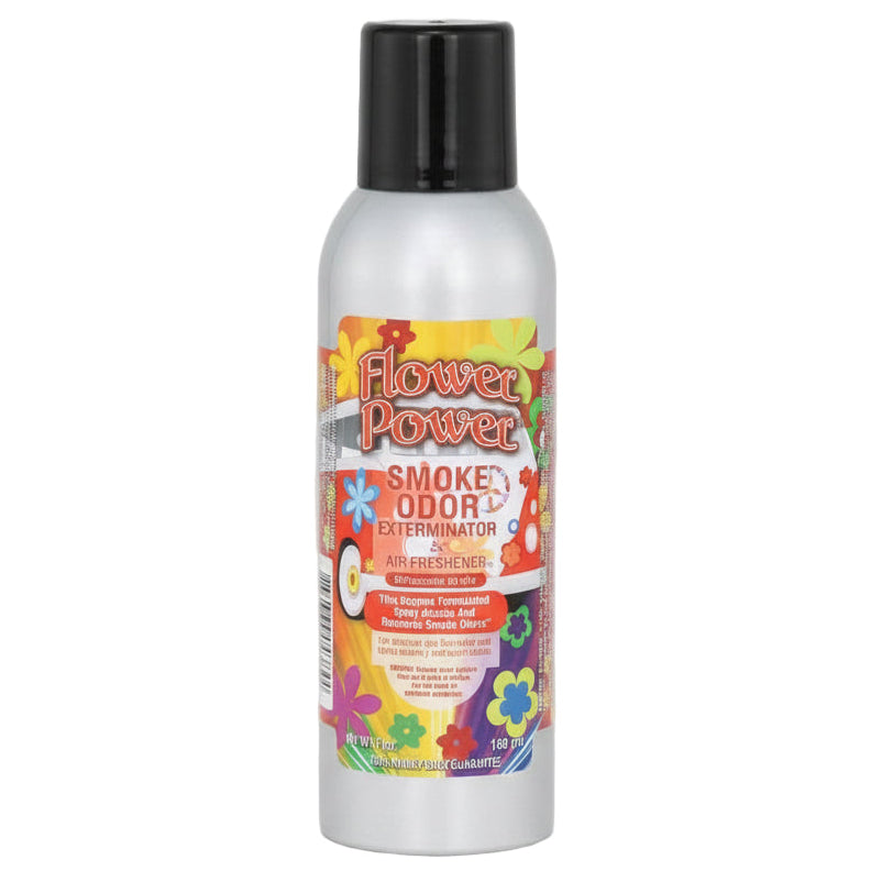 Flower Power smoke odor eliminator spray bottle on a white background