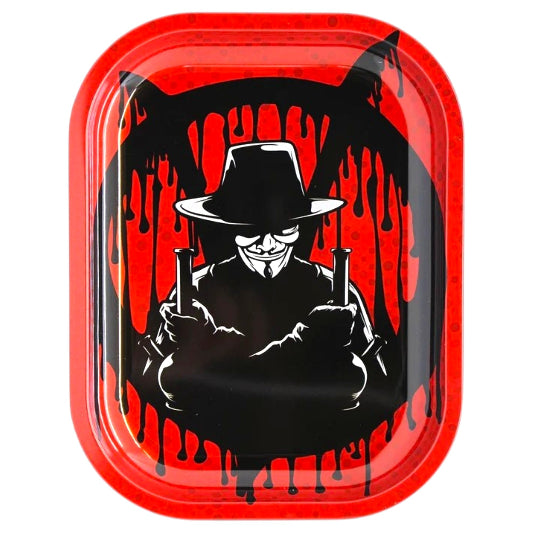 Red rectangular rolling tray with rounded corners and raised edges, featuring a black-and-white illustration of a figure wearing a Guy Fawkes-style mask, wide-brimmed hat, and dark clothing while holding two cylindrical objects. Black dripping graphics surround the figure against a bright red background.
