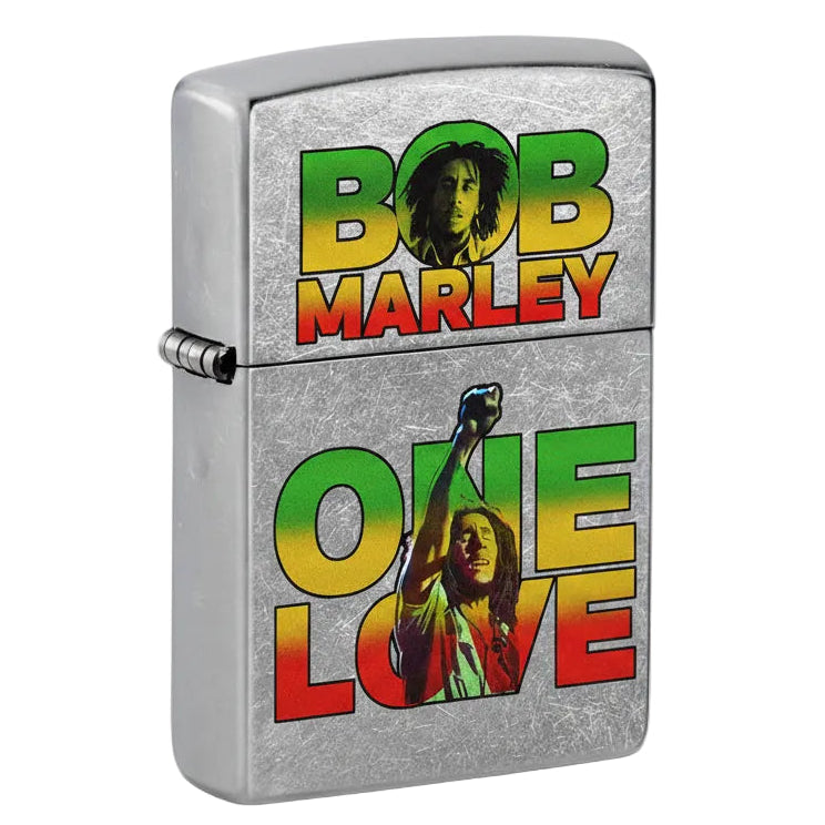 Zippo lighters with Bob Marley 'One Love' design on a white background
