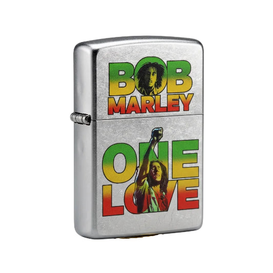 Zippo lighters with Bob Marley 'One Love' design on a white background