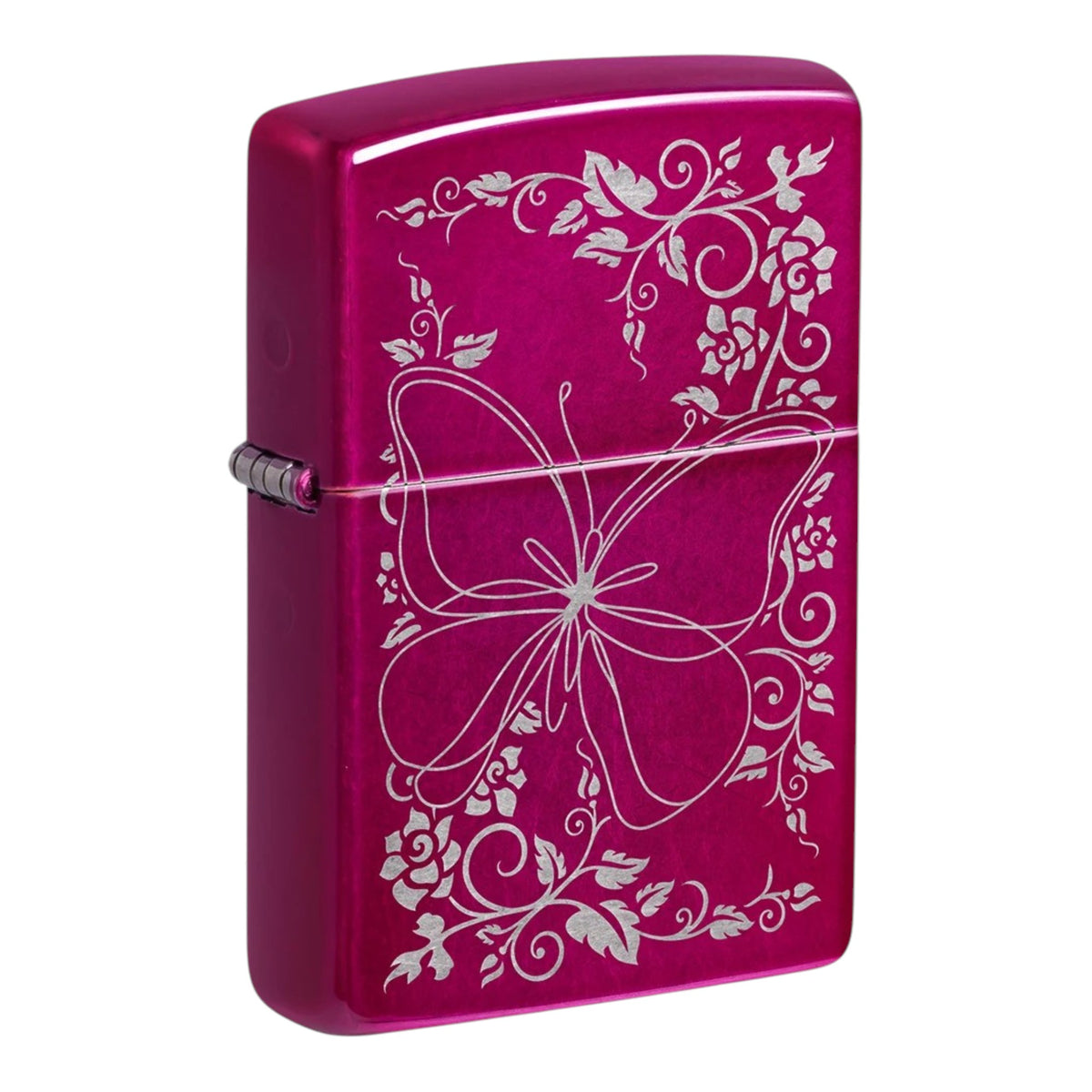 Metallic fuchsia pink Zippo windproof lighter featuring a large silver outline of a butterfly surrounded by delicate floral vines, curling leaves, and flowers. The glossy pink metal case has a visible silver side hinge and classic flip-top lid, shown at an angle against a white background.