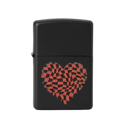 Black lighter with a red and orange woven heart design on a white background