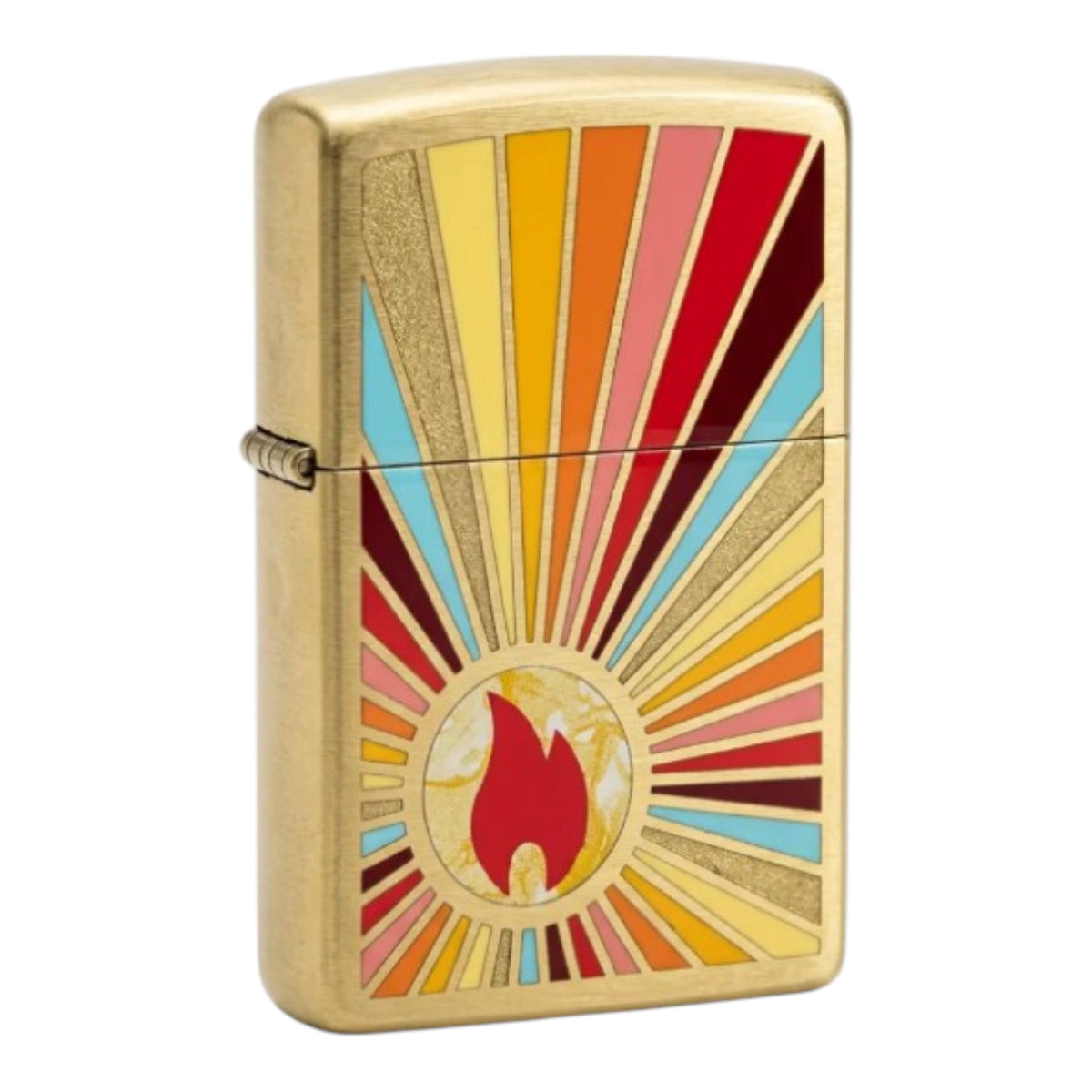 Gold Zippo windproof lighter with a brushed metal finish, featuring a retro sunburst design with red, orange, yellow, pink, and turquoise rays surrounding a red Zippo flame logo. Classic flip-top lid and gold side hinge visible, shown at an angle on a white background.