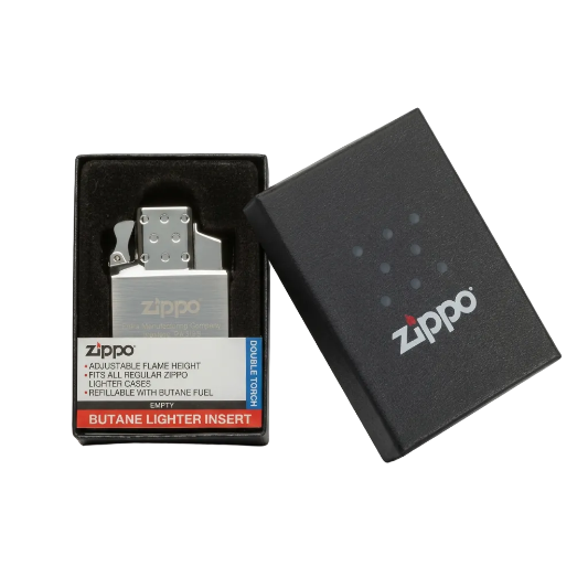 Zippo lighter butane insert and packaging on a white background