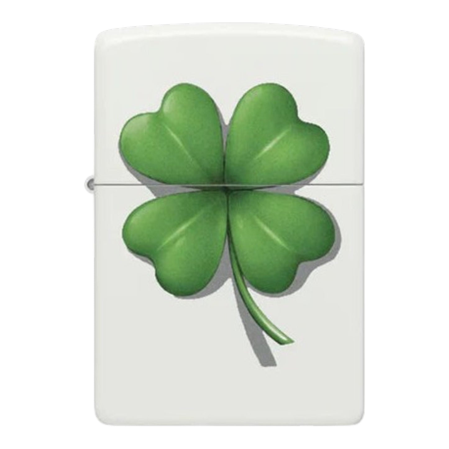 Zippo four-leaf clover lighter, white matte Zippo with green clover design, windproof refillable metal lighter, lucky shamrock design - The Wee Smoke Shop
