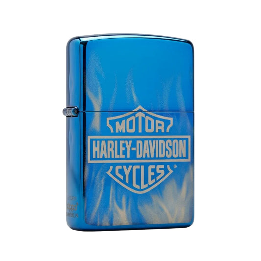 Zippo Harley Davidson lighter blue flame finish, metallic blue Zippo with Harley logo, windproof refillable metal lighter biker style - The Wee Smoke Shop