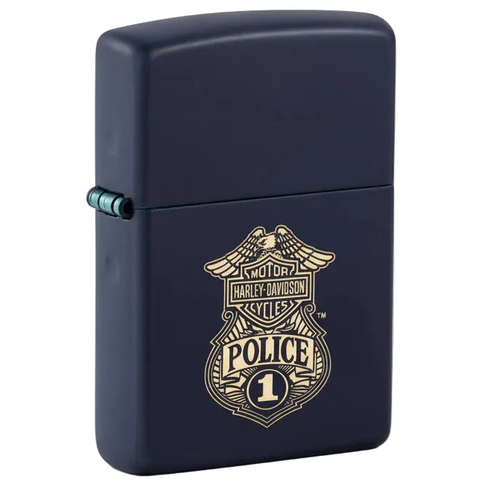 Matte navy Zippo lighter featuring a gold Harley-Davidson Police badge emblem on the front. - The Wee Smoke Shop