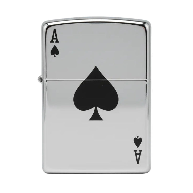 Silver Zippo lighter with black ace of spades playing card design. - The Wee Smoke Shop