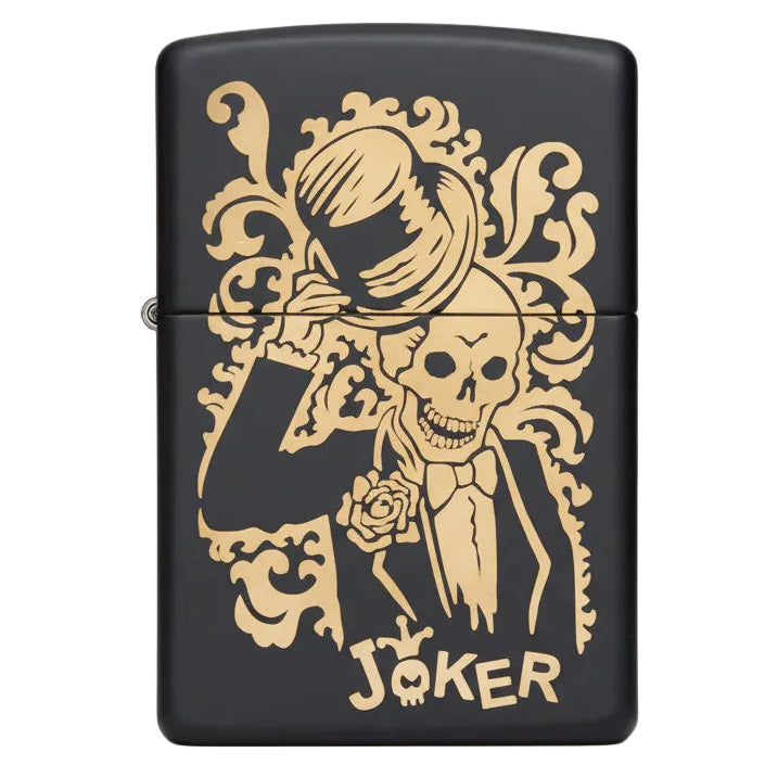 Zippo Joker skeleton skull lighter, black matte Zippo with gold skull design, gothic skeleton suit lighter windproof refillable metal lighter - The Wee Smoke Shop