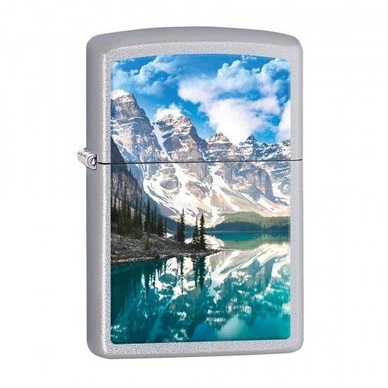 Zippo lighter with a mountain and lake design on a white background