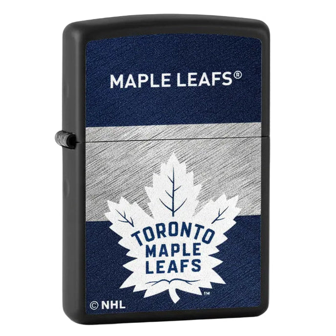 Black Zippo lighter with Toronto Maple Leafs logo and blue, white, and silver NHL design. - The Wee Smoke Shop