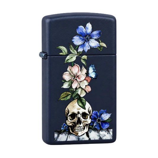 Navy matte Zippo lighter with skull and colorful floral design featuring blue and pink flowers surrounding the skull. - The Wee Smoke Shop