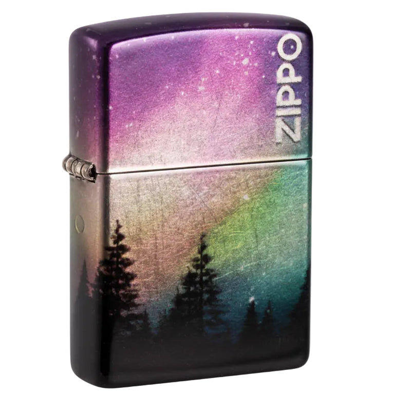 Zippo lighter with a design of trees and a rainbow gradient on a white background