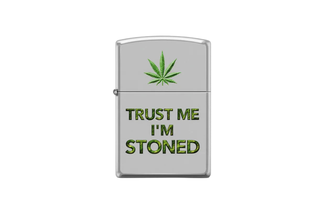 Lighter with marijuana leaf and 'Trust Me I'm Stoned' text on a white background