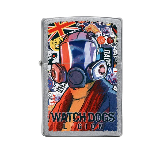 A Zippo lighter with a design featuring a character from the video game Watch Dogs, with a gas mask and colorful accents.