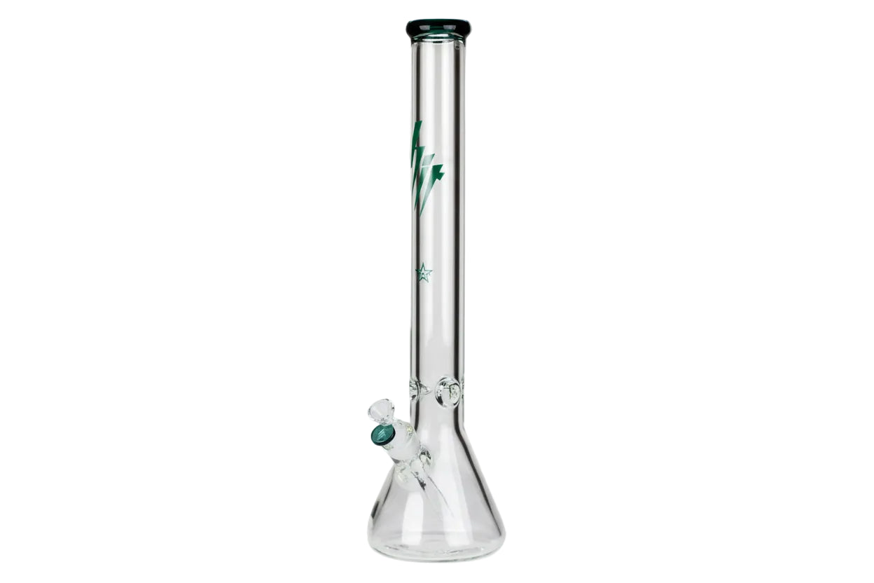 Clear glass smoking device with Teal accents on a white background