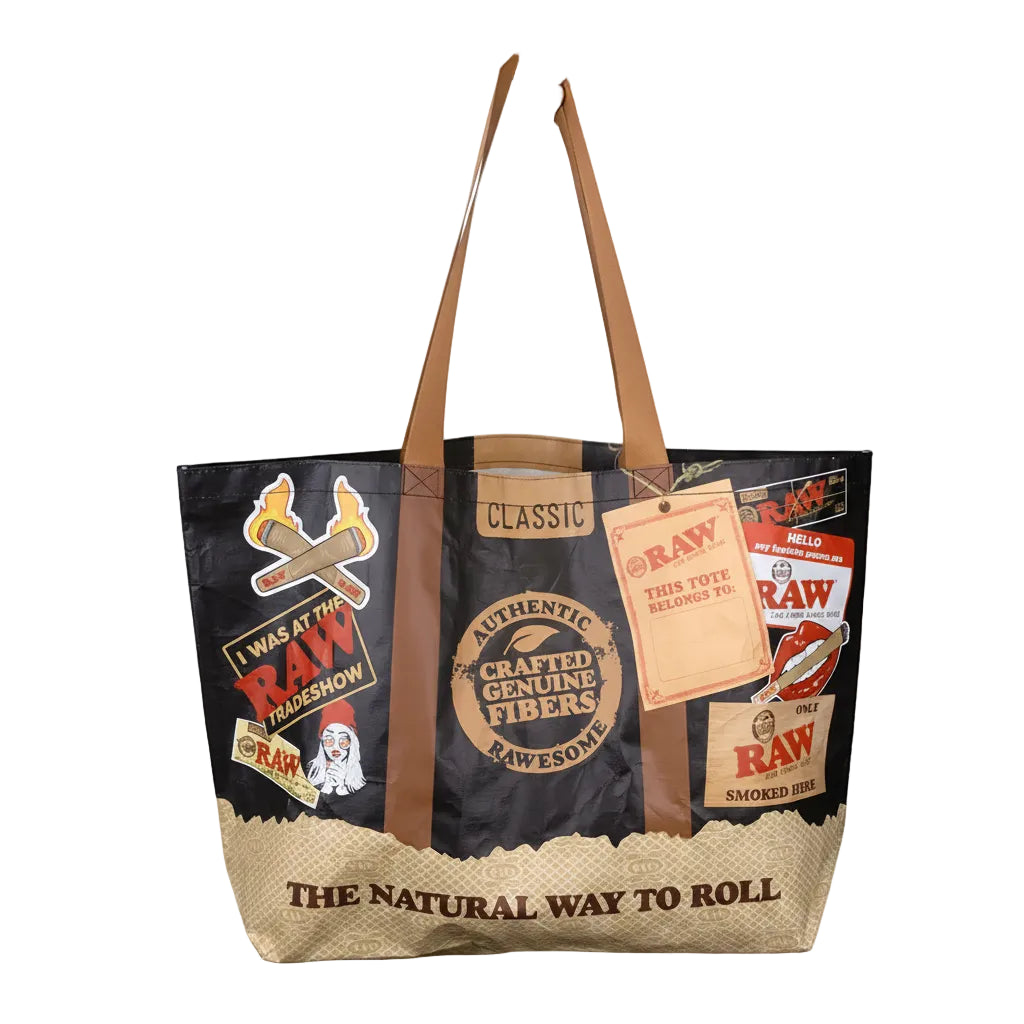 Tote bag with Raw brand graphics and text on a white background