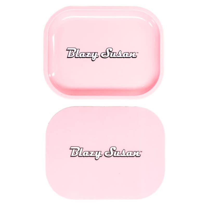 Blazy Susan mini rolling tray with magnetic lid solid pink small metal rolling tray