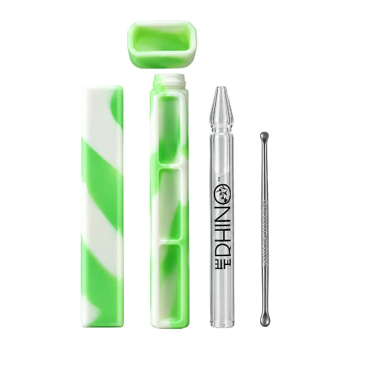 A collection of silicone dab straw kits in various colors with a stainless steel dabber tool.