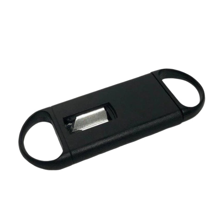 Black single-blade cigar cutter with oval finger grips on both ends and a visible silver cutting blade in the centre slot.
