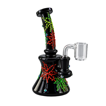 A colorful glow-in-the-dark dab rig with a 14mm banger joint