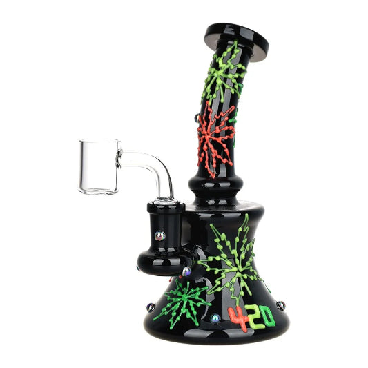 A colorful glow-in-the-dark dab rig with a 14mm banger joint