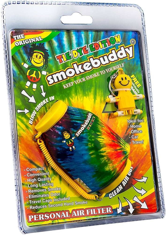 Tie-dye Smokebuddy personal air filter packaging with colorful design and text.