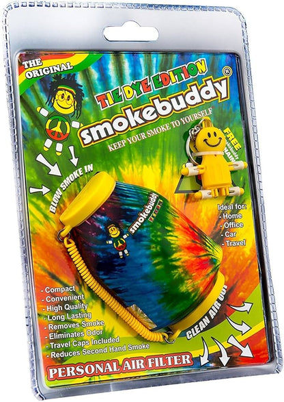 Tie-dye Smokebuddy personal air filter packaging with colorful design and text.