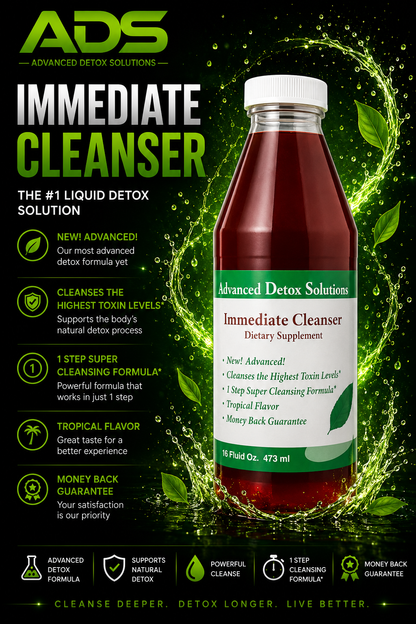 Bottle of Advanced Detox Solutions Immediate Cleanser with promotional text on a dark green background
