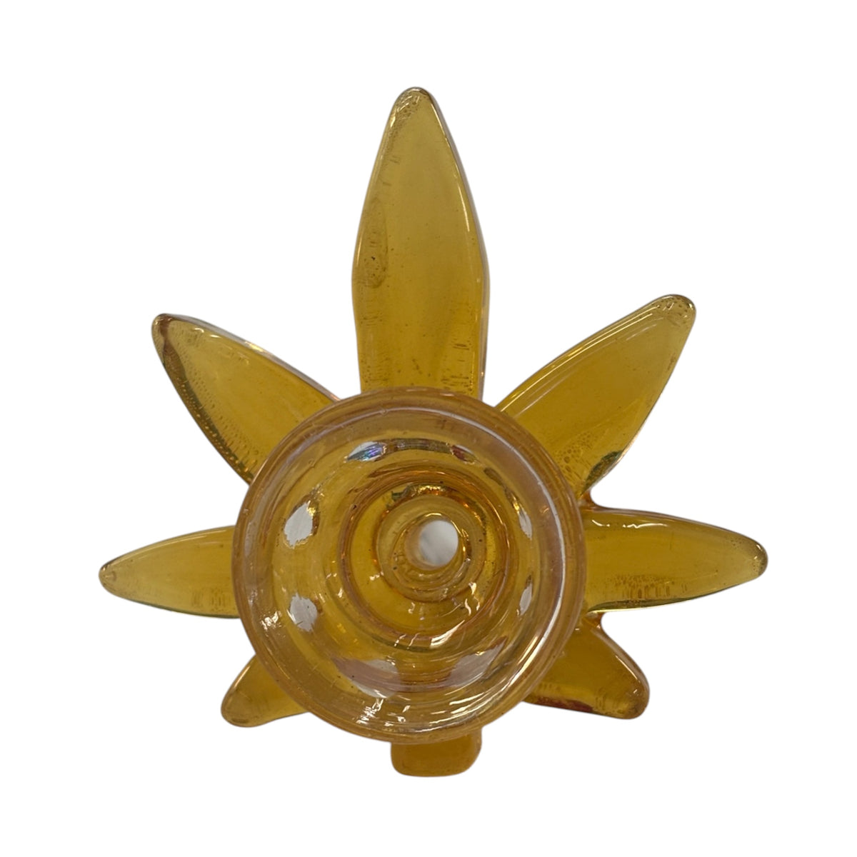 Amber weed leaf glass herb bowl with pointed cannabis leaf edges around the bowl, round centre opening, side handle, and clear glass joint on a white background. The Wee Smoke Shop
