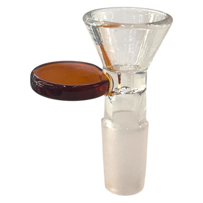 Clear 14mm glass bowl piece with a frosted male joint, funnel-shaped bowl, and flat amber side handle. - The Wee Smoke Shop