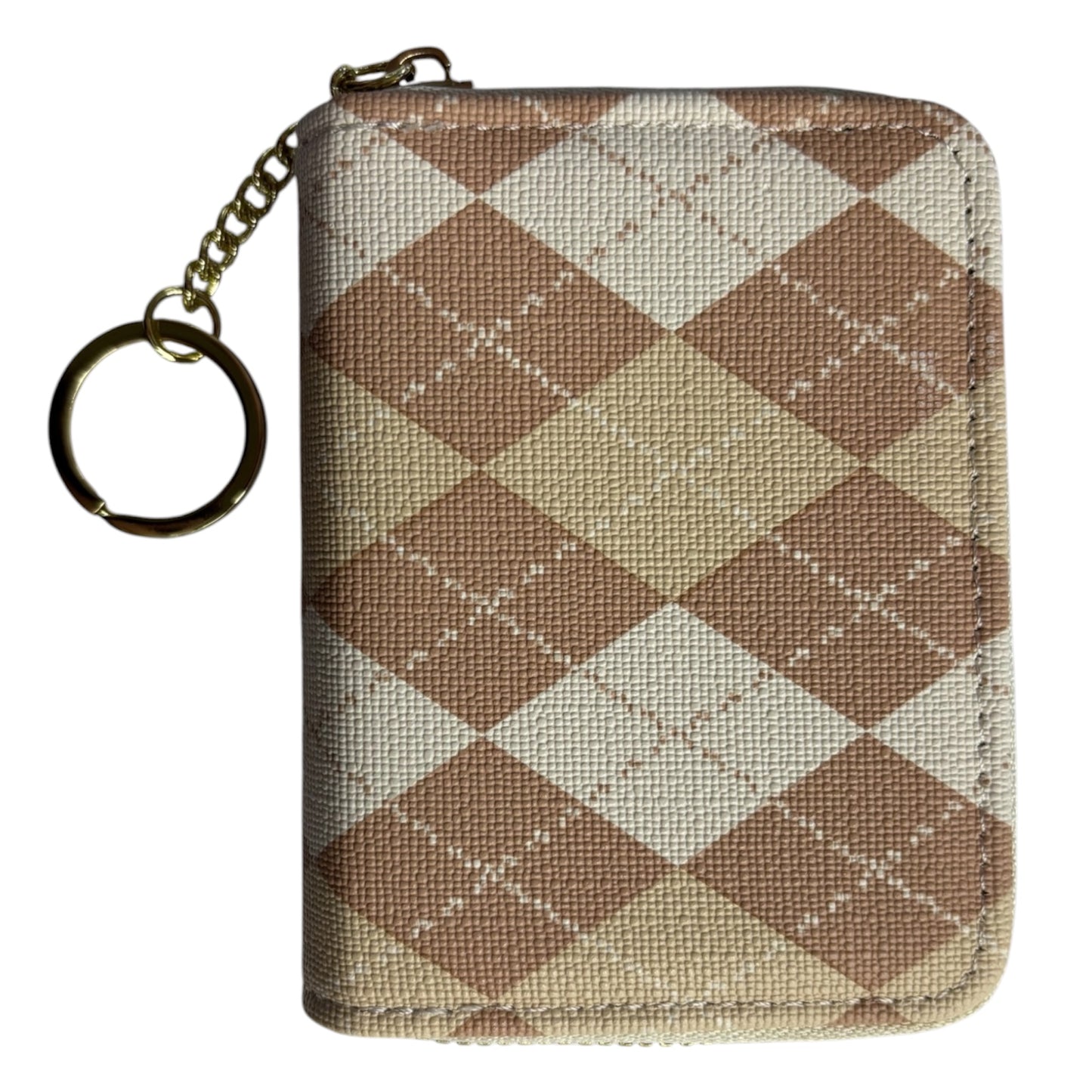 A small zippered card holder or wallet with a brown and beige argyle pattern, featuring a gold-tone metal key ring and chain on the left side, set against a plain white background. The Wee Smoke Shop
