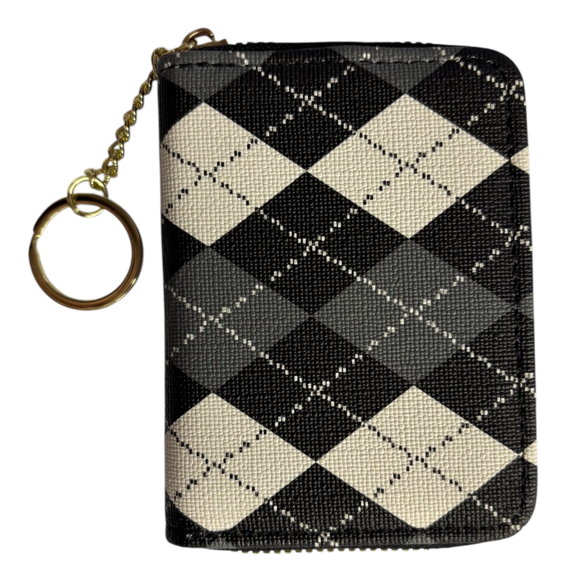 A small zippered card holder or wallet with a black, gray, and cream argyle pattern, featuring a gold-tone metal key ring attachment on a white background. The Wee Smoke Shop