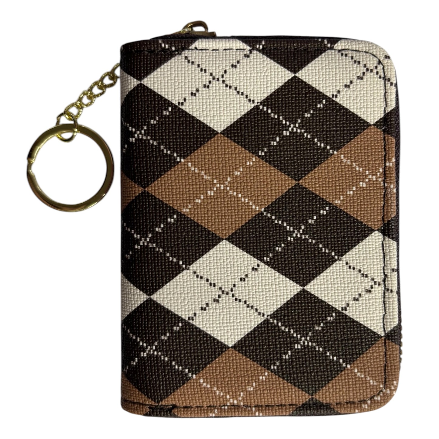 A small zippered card holder or wallet with a brown, beige, and black argyle pattern, featuring a gold-tone metal key ring attachment on a white background. The Wee Smoke Shop
