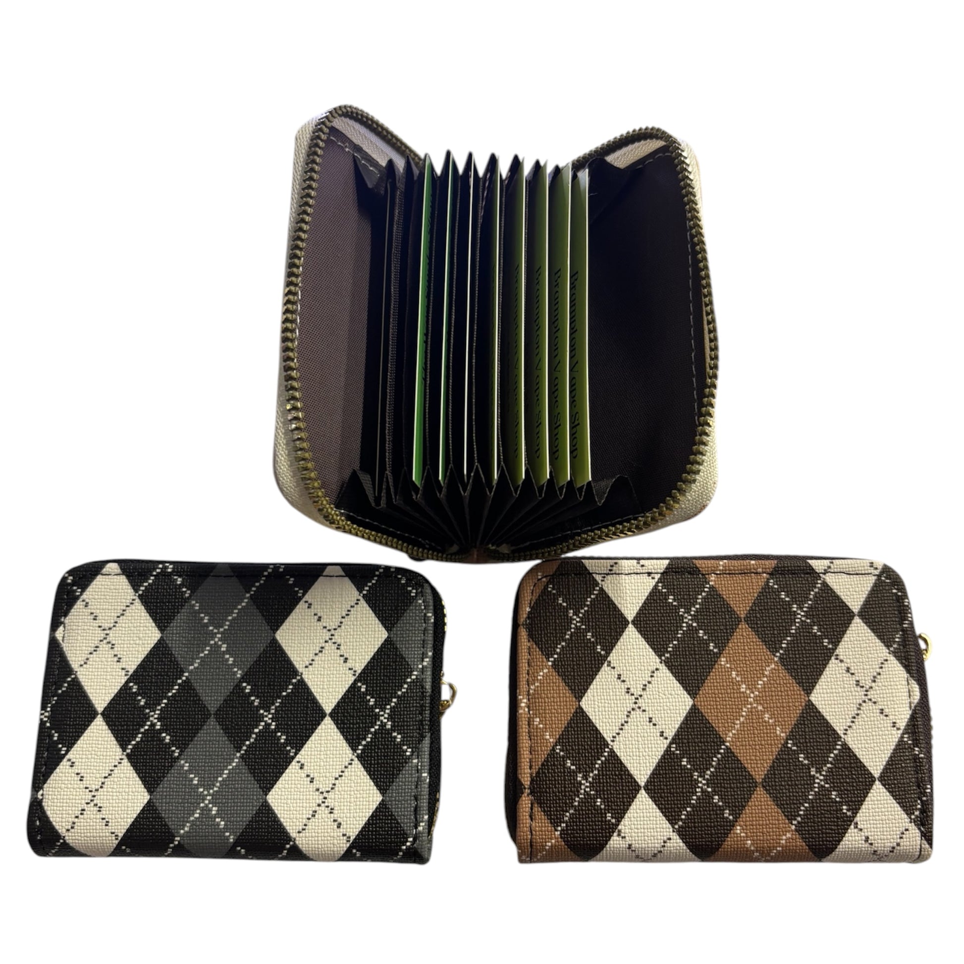 Three zip-around card wallets with an argyle pattern, shown on a plain white background. The top wallet is open to show the interior card slots, while the bottom two wallets are closed, displaying different colorways: one in black, white, and gray, and one in brown, beige, and white.- The Wee Smoke Shop