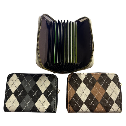 Three zip-around card wallets with an argyle pattern, shown on a plain white background. The top wallet is open to show the interior card slots, while the bottom two wallets are closed, displaying different colorways: one in black, white, and gray, and one in brown, beige, and white.- The Wee Smoke Shop