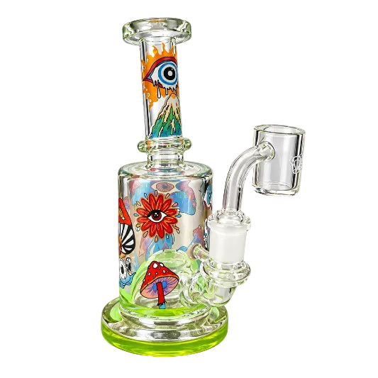 Glass smoking device with colorful designs on a white background