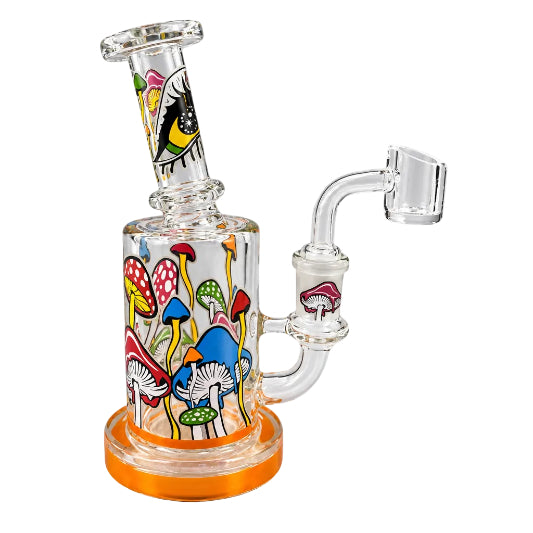 Glass smoking device with colorful mushroom design on a white background